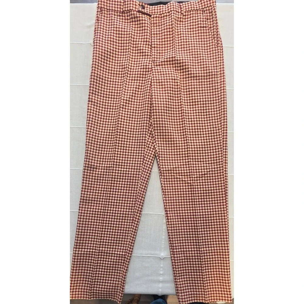 Believe Accessories Mens Houndstooth Dress Pants Red Cream Size 40 Flat Front